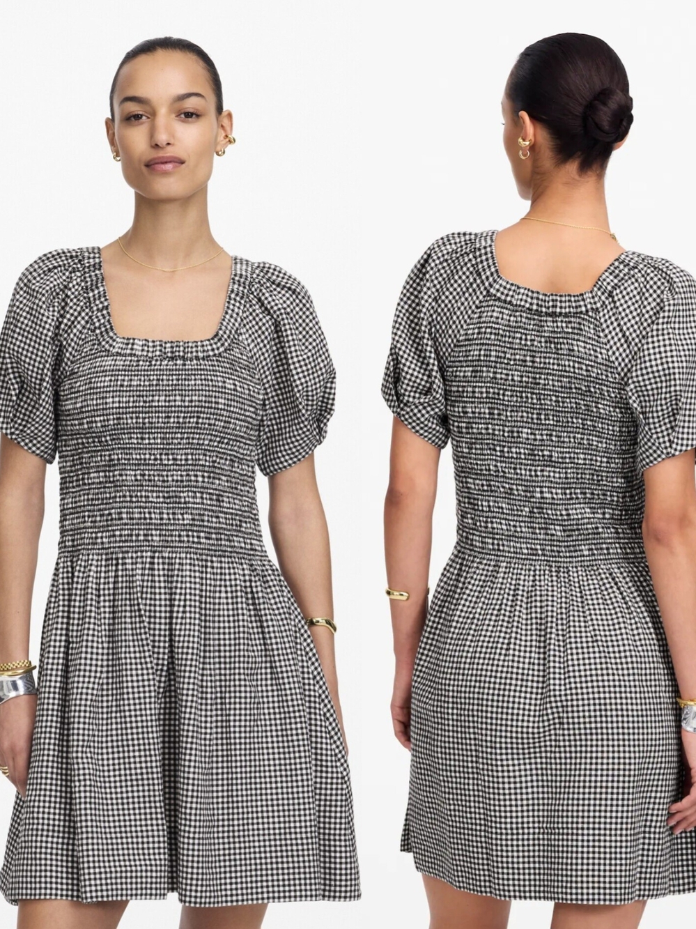 Madewell Smocked U-Neck Mini Dress Gingham Linen Cotton Puff Sleeve M EUC